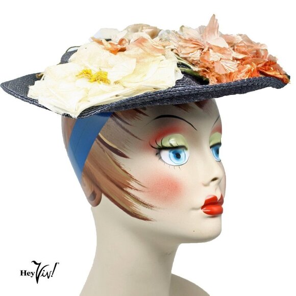 Vintage 40s 50s Navy Blue Flowered Platter Hat 12" Wide w Wired Brim - Hey Viv - Picture 3 of 7